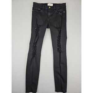 Frame Denim Jeans Women's 27x28.5 Film Black Noir Le Skinny de Jeanne Distressed